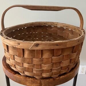 Large Vintage Splint Harvest Gathering Basket Carved Wooden Handle 18"